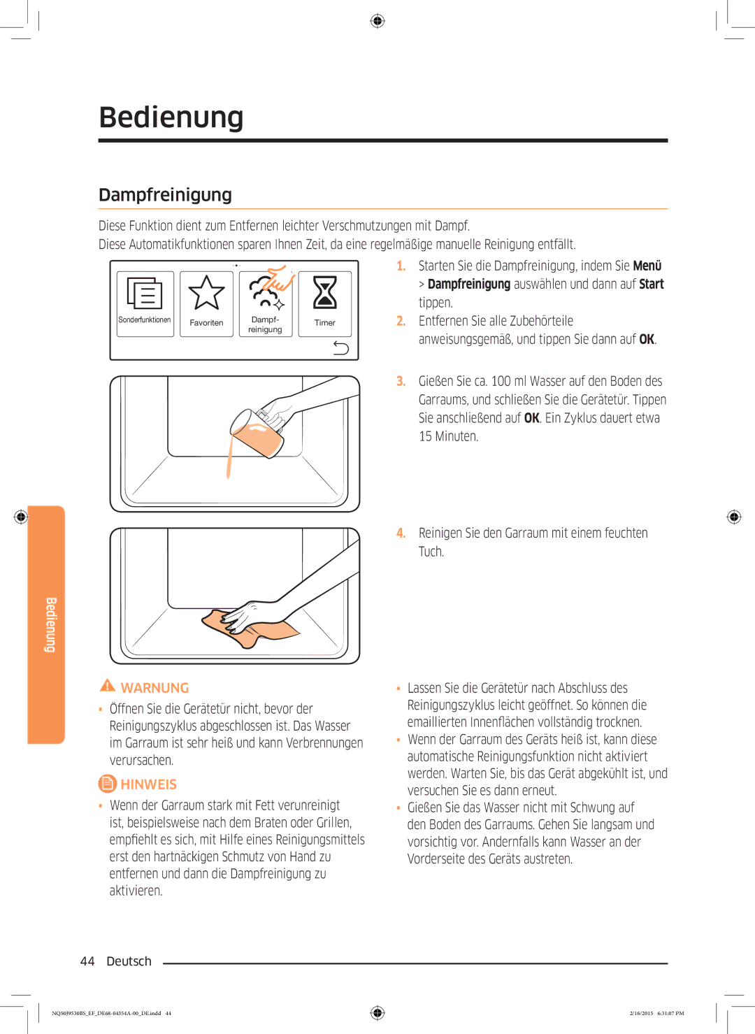 Samsung NQ50J9530BS/EF manual Dampfreinigung 