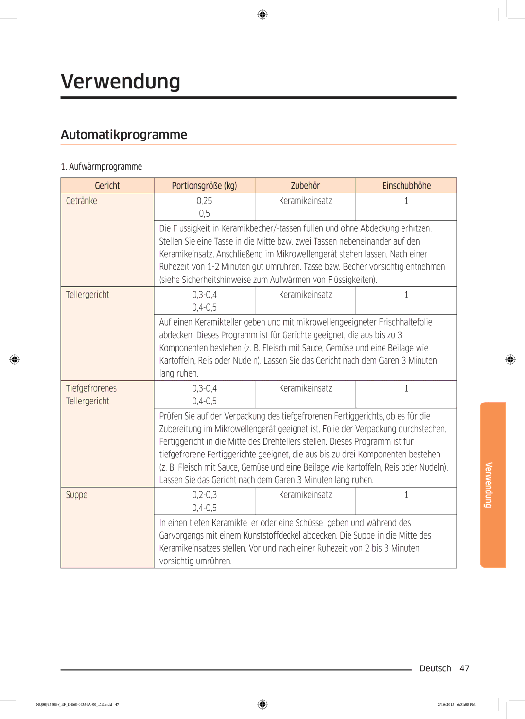 Samsung NQ50J9530BS/EF manual Verwendung, Automatikprogramme 