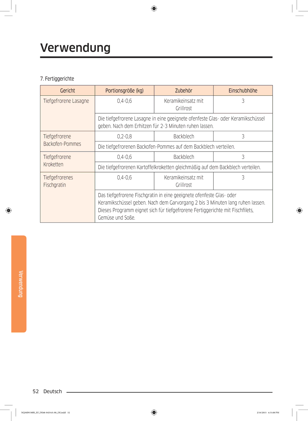 Samsung NQ50J9530BS/EF manual Tiefgefrorene 0,8, Kroketten, Tiefgefrorenes 0,6, Fischgratin, Gemüse und Soße 