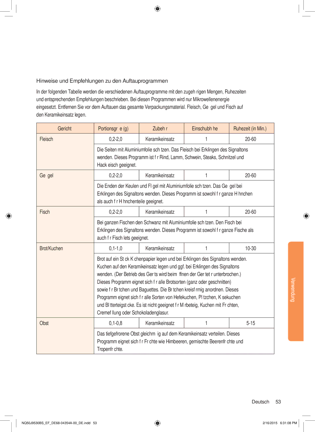 Samsung NQ50J9530BS/EF manual Hinweise und Empfehlungen zu den Auftauprogrammen 