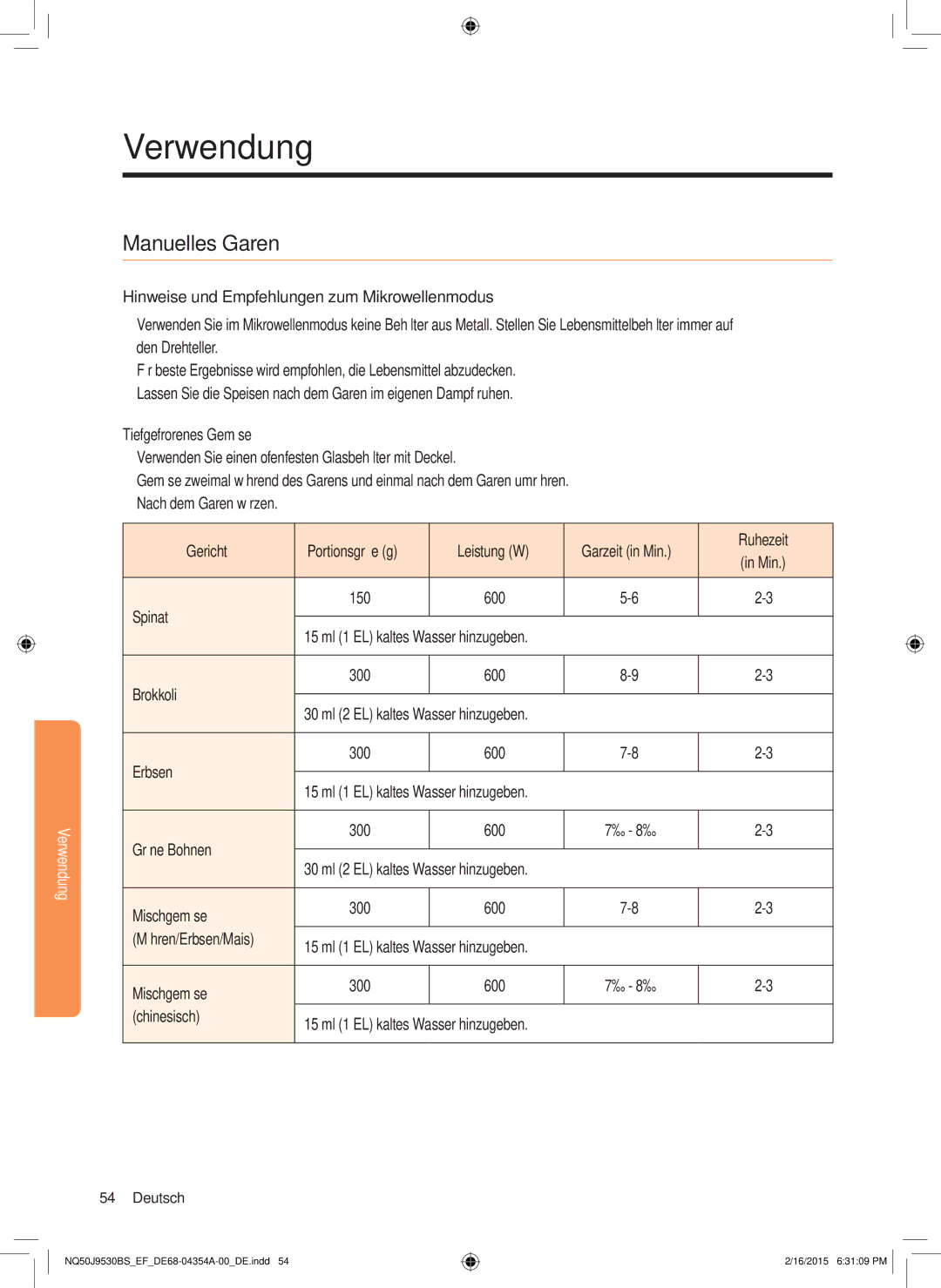 Samsung NQ50J9530BS/EF manual Manuelles Garen, Hinweise und Empfehlungen zum Mikrowellenmodus 