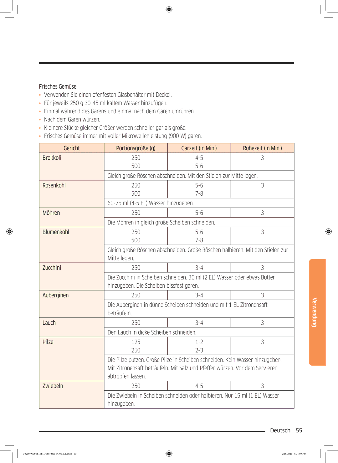 Samsung NQ50J9530BS/EF manual Mitte legen Zucchini 250, Abtropfen lassen Zwiebeln 250, Hinzugeben 