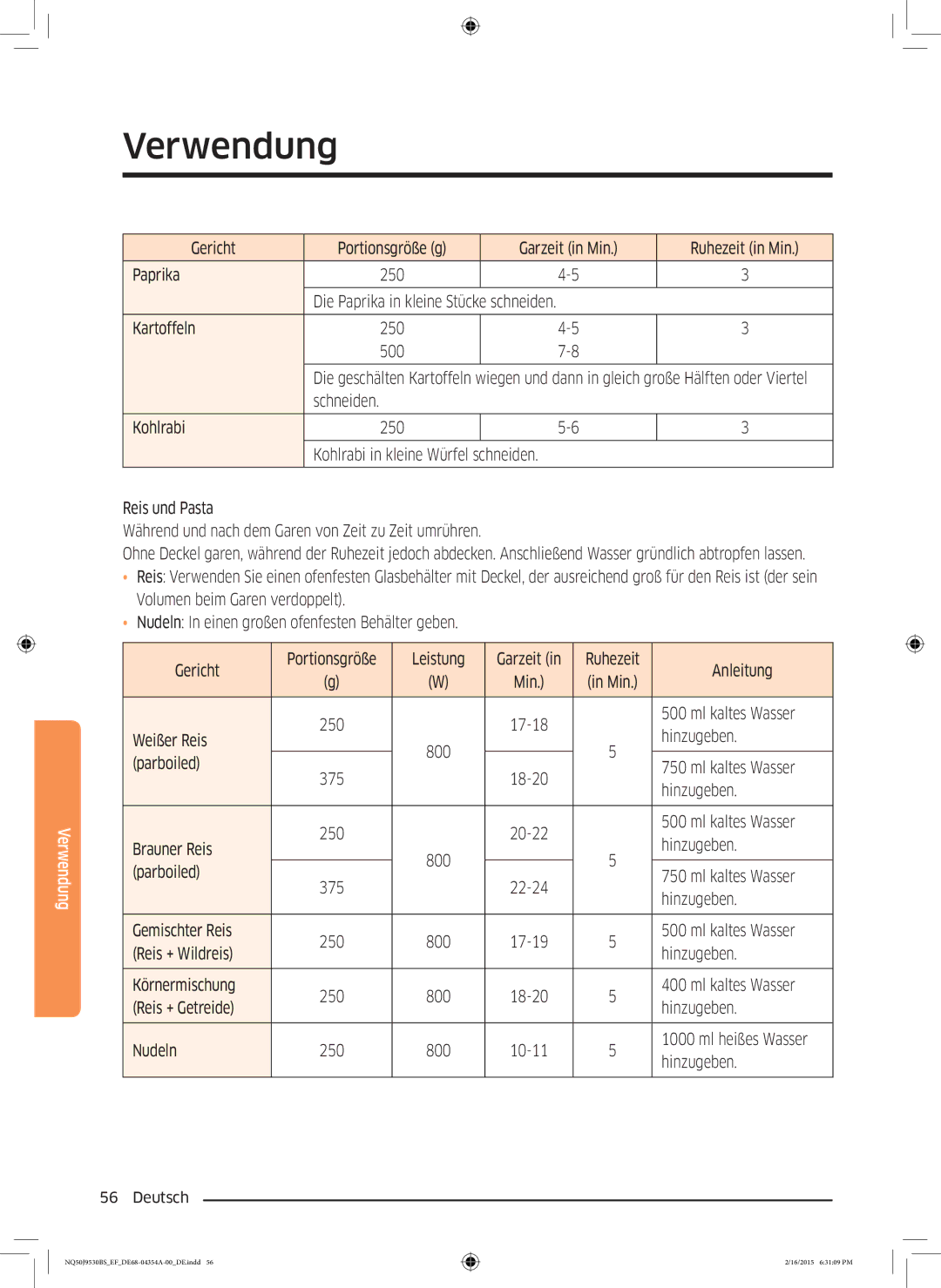 Samsung NQ50J9530BS/EF manual 250 17-18 Ml kaltes Wasser Weißer Reis Hinzugeben, Ml heißes Wasser Hinzugeben 