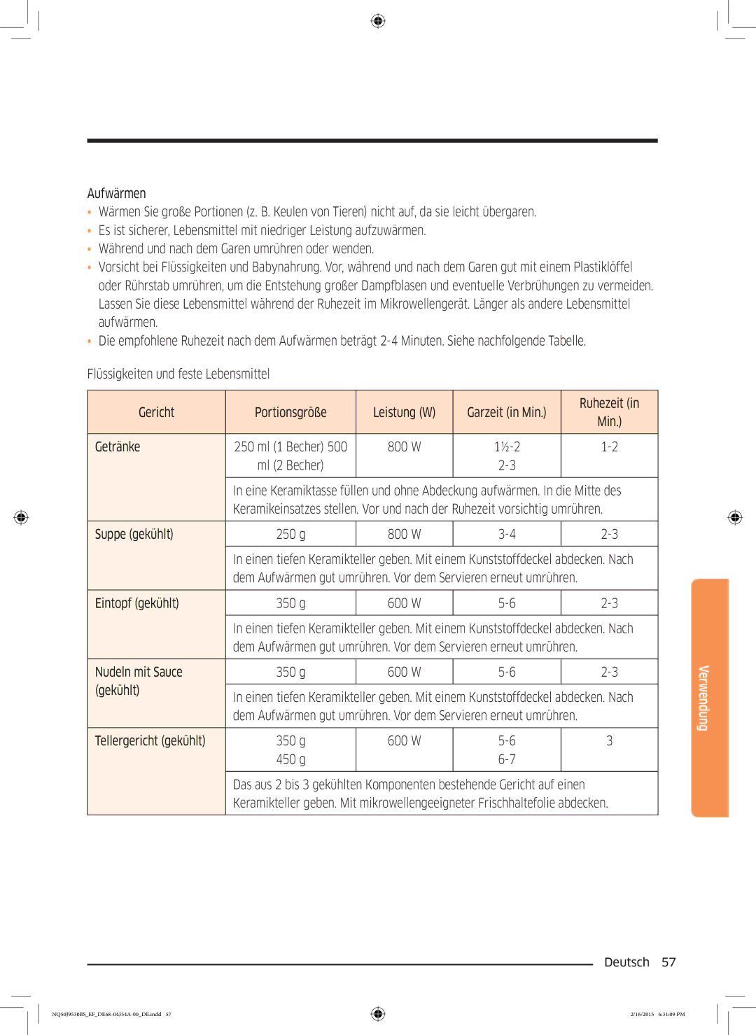 Samsung NQ50J9530BS/EF manual Suppe gekühlt, Eintopf gekühlt, Nudeln mit Sauce, Gekühlt, Tellergericht gekühlt 