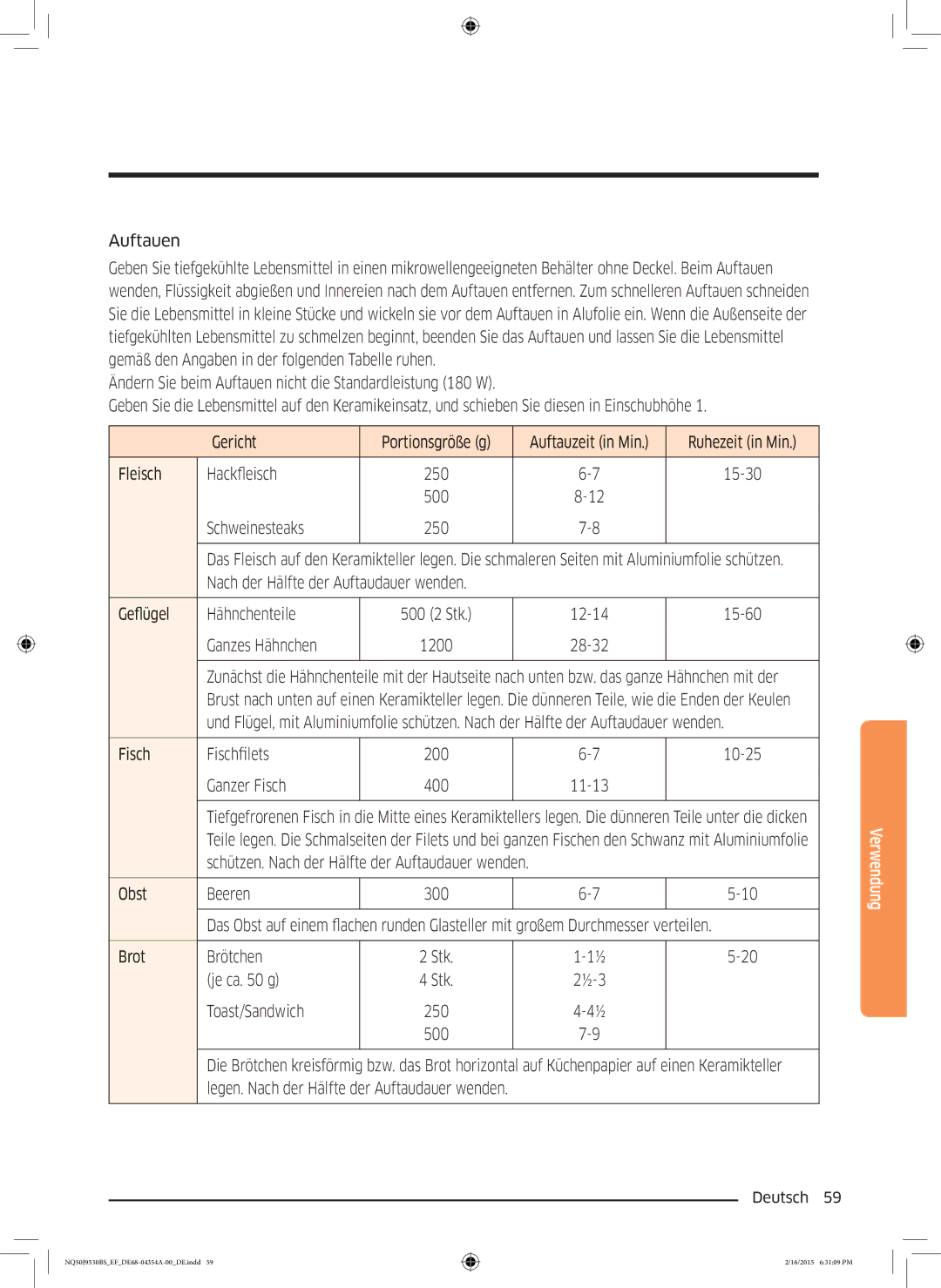 Samsung NQ50J9530BS/EF manual Auftauen 