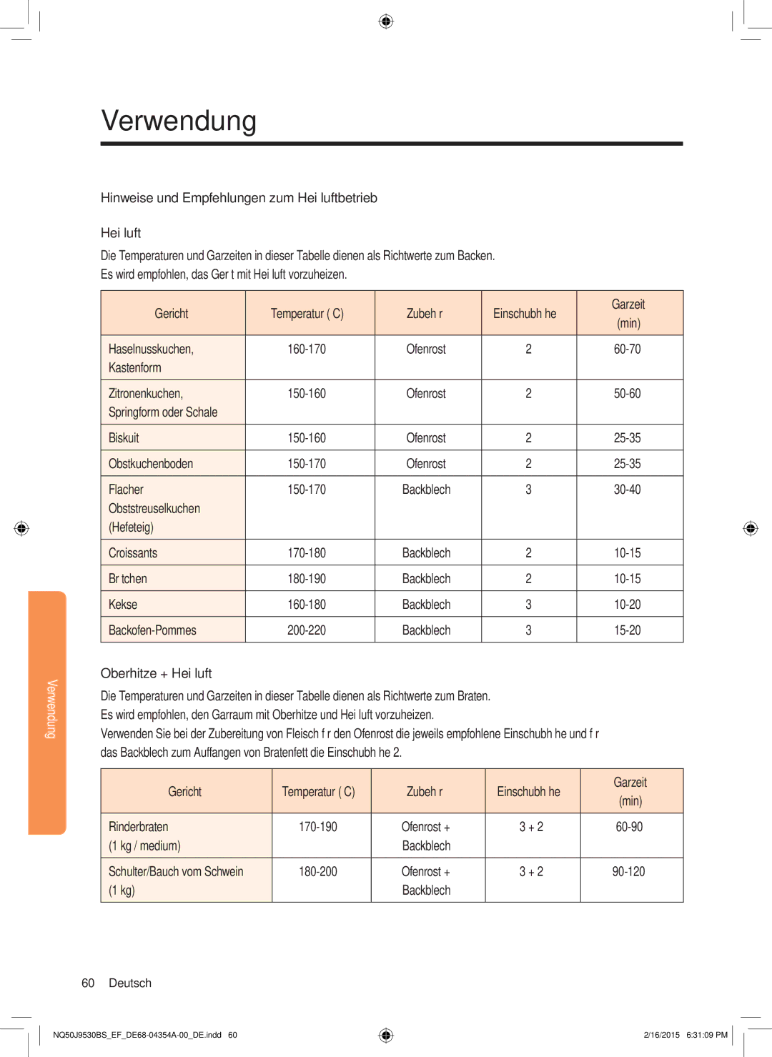 Samsung NQ50J9530BS/EF manual Hinweise und Empfehlungen zum Heißluftbetrieb 