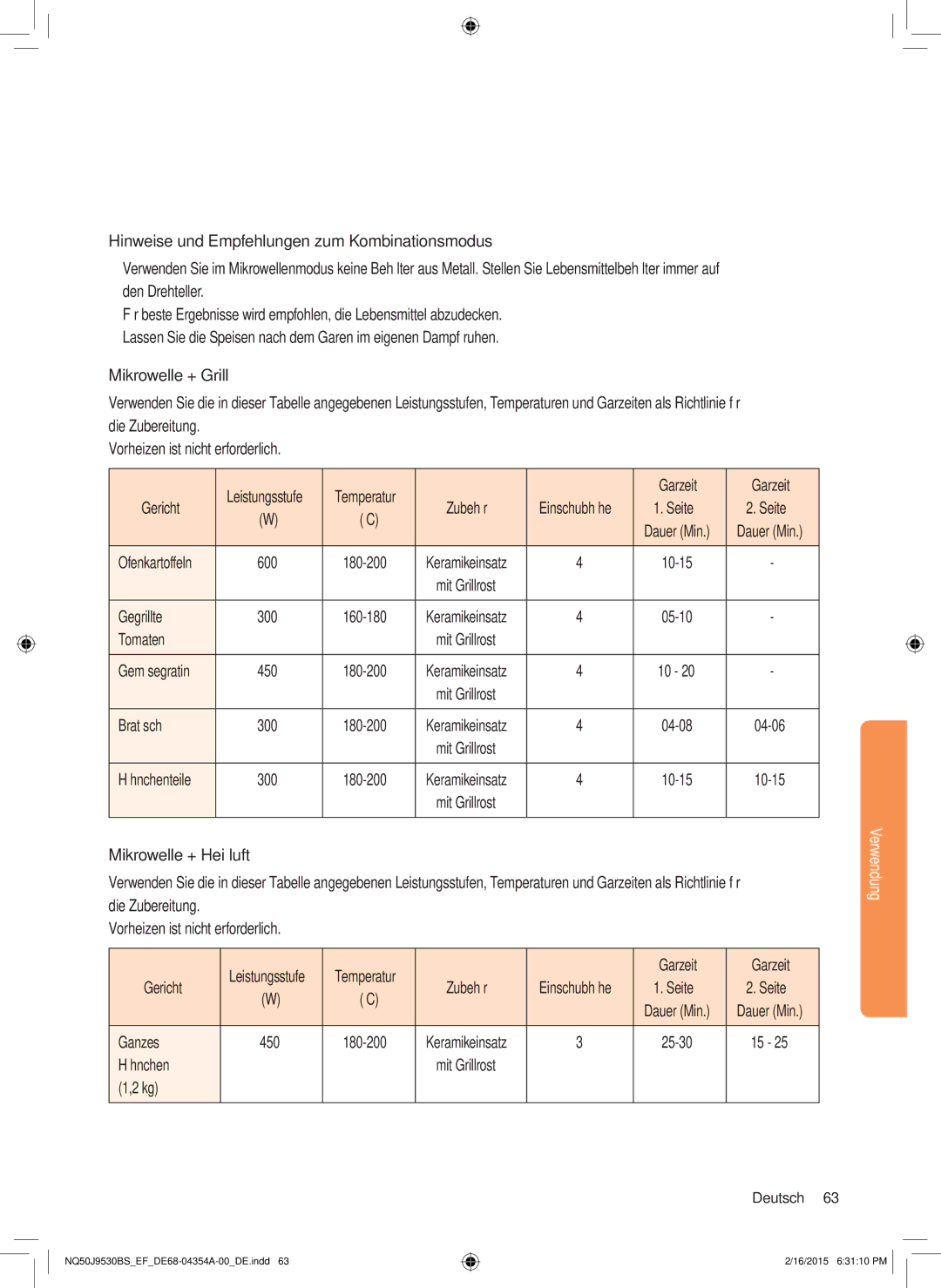 Samsung NQ50J9530BS/EF manual Hinweise und Empfehlungen zum Kombinationsmodus 