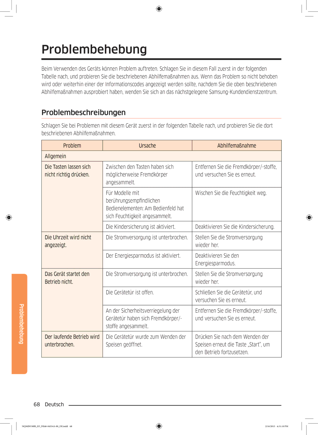 Samsung NQ50J9530BS/EF manual Problembehebung, Problembeschreibungen 