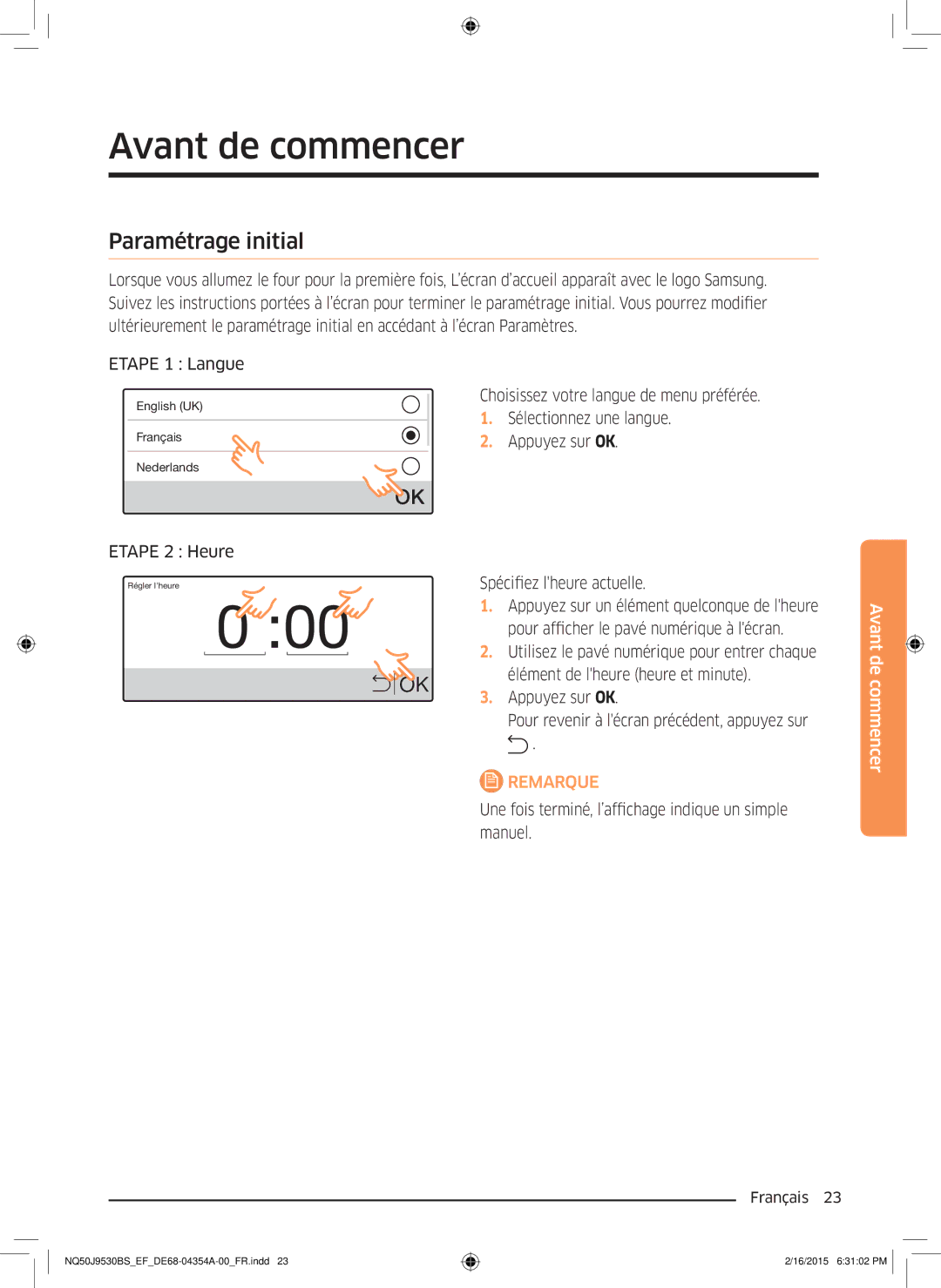 Samsung NQ50J9530BS/EF manual Avant de commencer, Paramétrage initial, Etape 2 Heure 