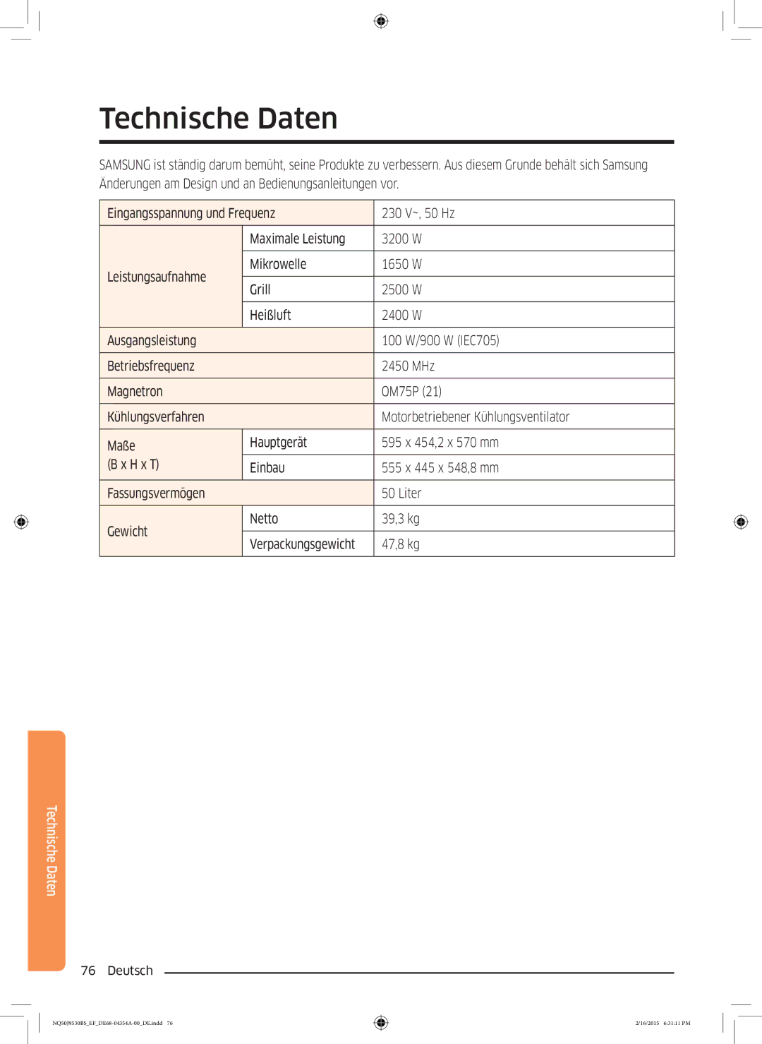 Samsung NQ50J9530BS/EF manual Technische Daten 