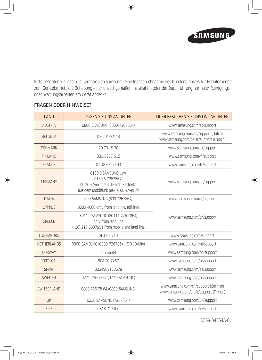 Samsung NQ50J9530BS/EF manual DE68-04354A-01 