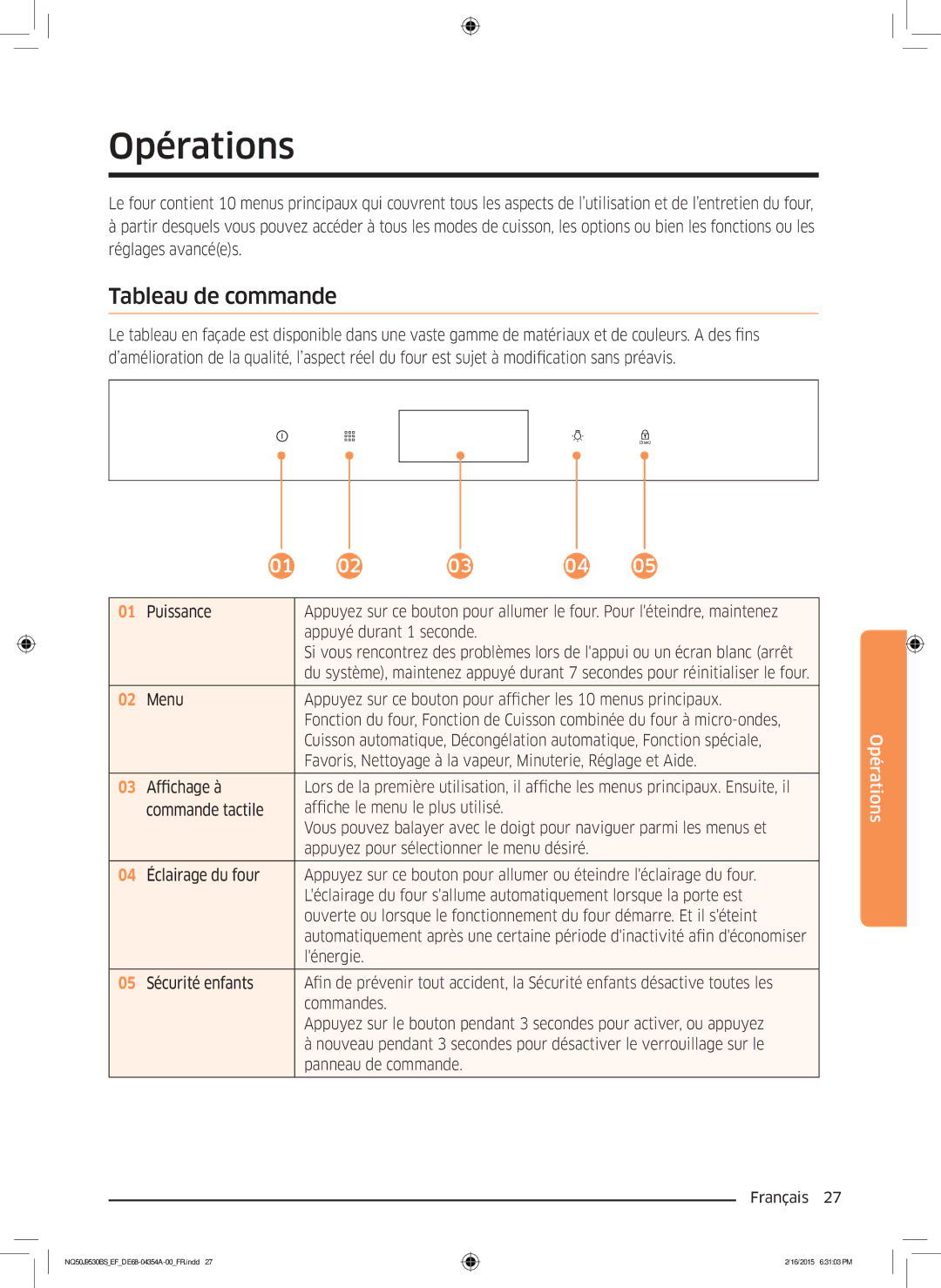 Samsung NQ50J9530BS/EF manual Opérations, Tableau de commande, Commandes, Panneau de commande 