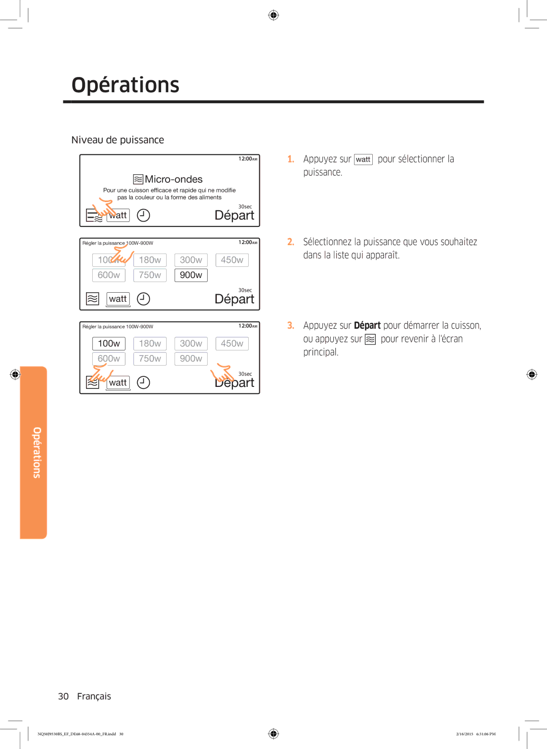 Samsung NQ50J9530BS/EF manual Micro-ondes, Niveau de puissance 