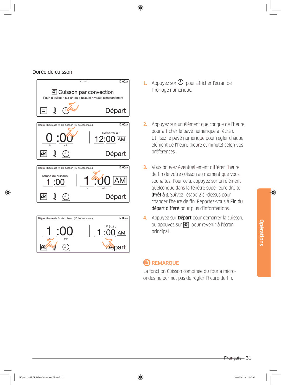 Samsung NQ50J9530BS/EF manual Durée de cuisson, Pour revenir à lécran, Principal 