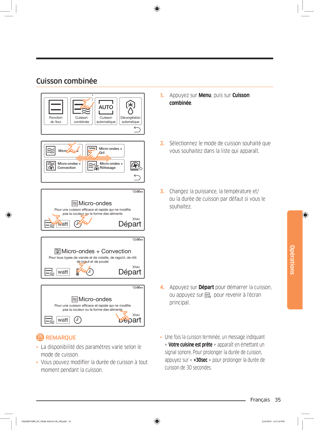 Samsung NQ50J9530BS/EF manual Cuisson combinée, Appuyez sur Menu, puis sur Cuisson, Combinée, Watt 