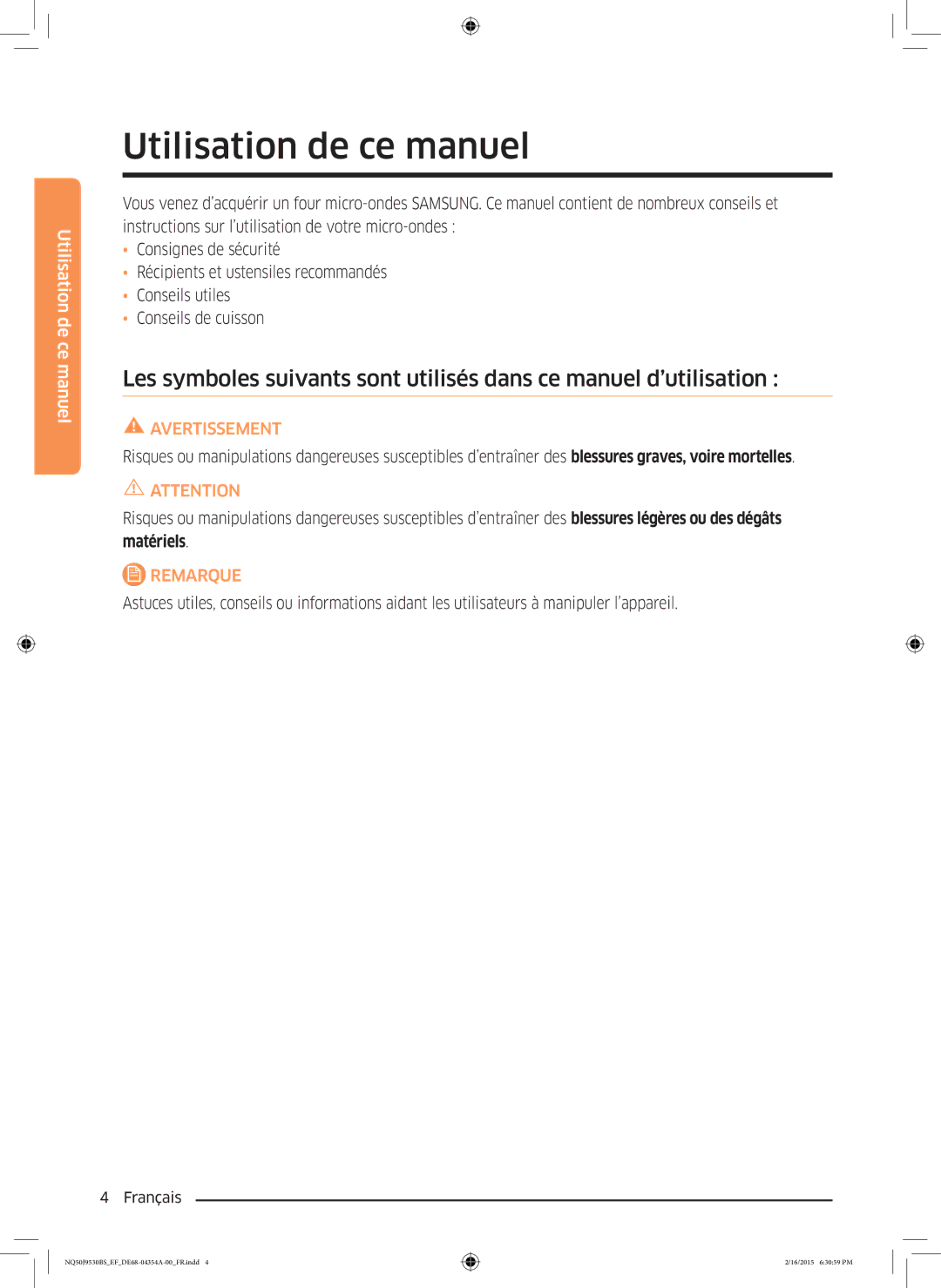 Samsung NQ50J9530BS/EF manual Utilisation de ce manuel, Avertissement 