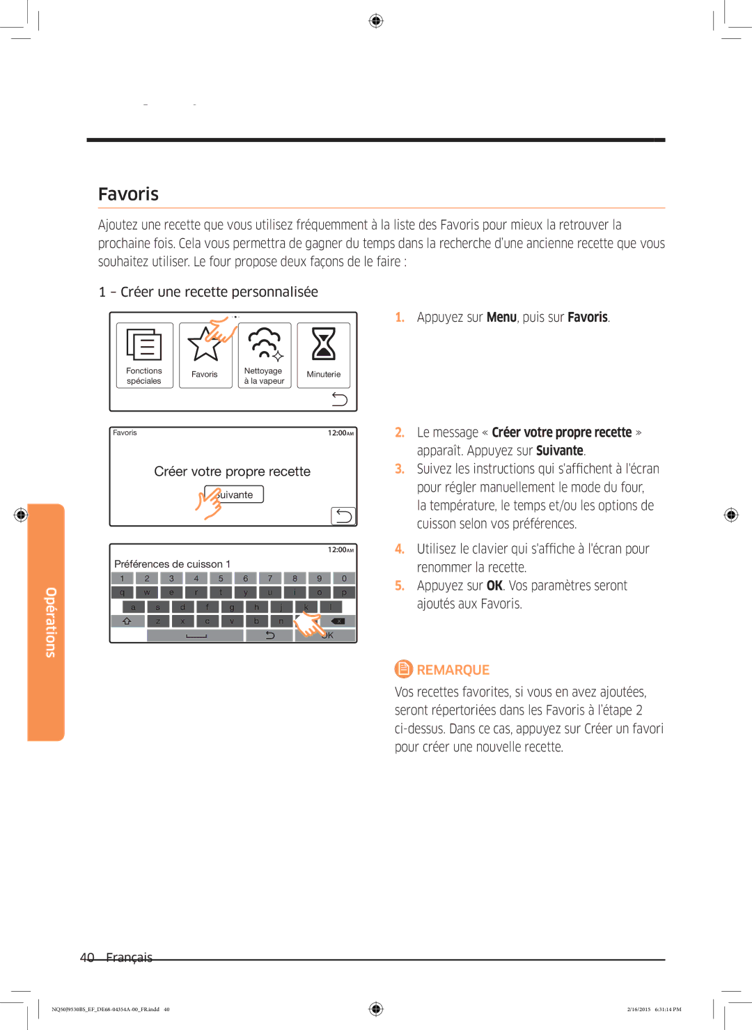 Samsung NQ50J9530BS/EF manual Favoris, Créer votre propre recette 