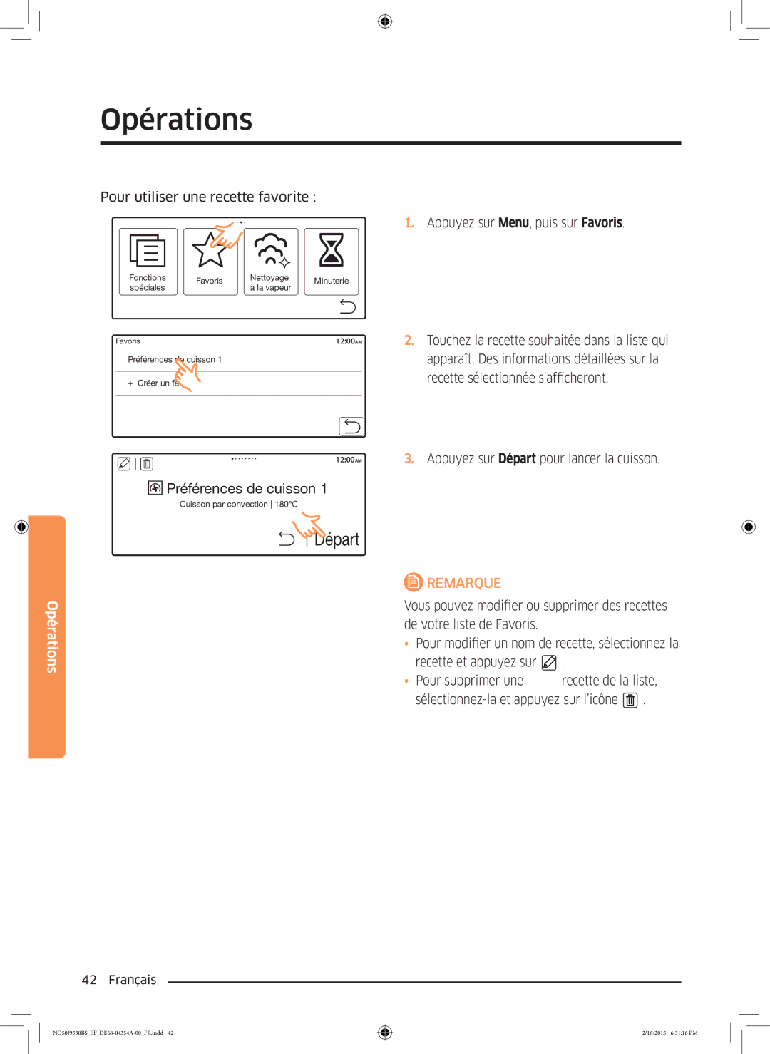 Samsung NQ50J9530BS/EF manual Pour utiliser une recette favorite 