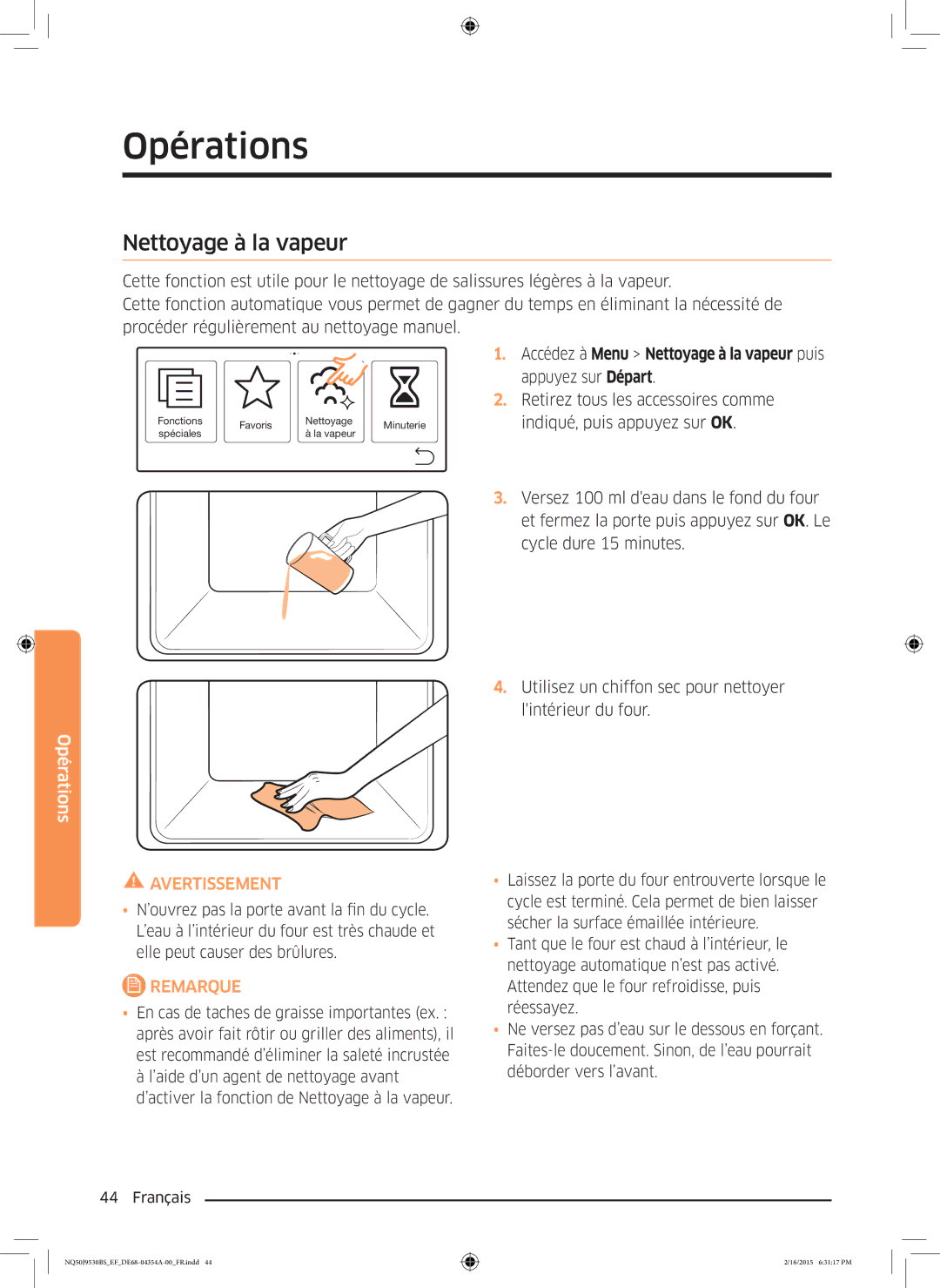 Samsung NQ50J9530BS/EF manual Accédez à Menu Nettoyage à la vapeur puis appuyez sur Départ 