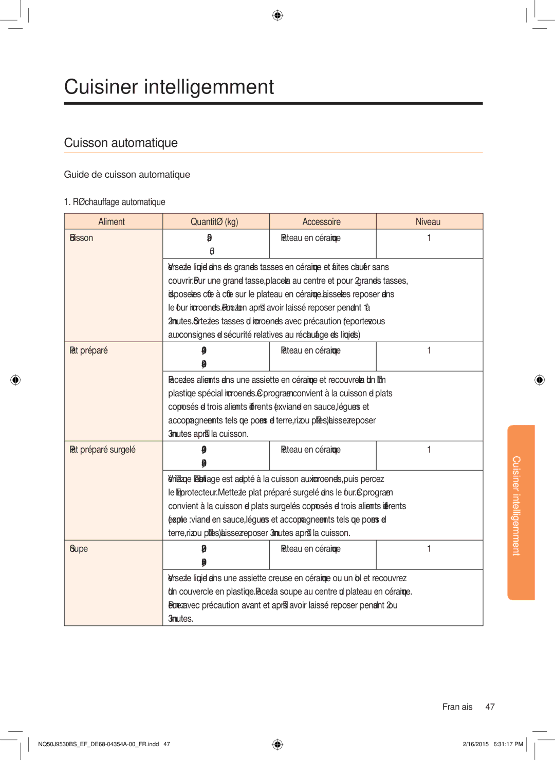 Samsung NQ50J9530BS/EF manual Cuisiner intelligemment, Guide de cuisson automatique 1. Réchauffage automatique 