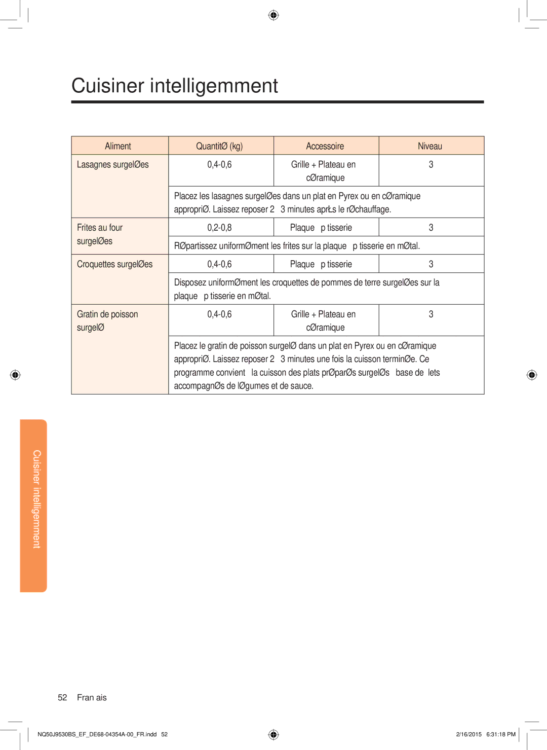 Samsung NQ50J9530BS/EF manual Frites au four 0,8, Gratin de poisson 0,6, Surgelé 