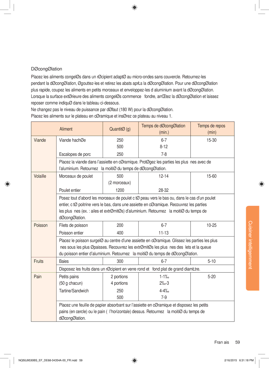 Samsung NQ50J9530BS/EF manual Aliment Quantité g, Temps de repos 