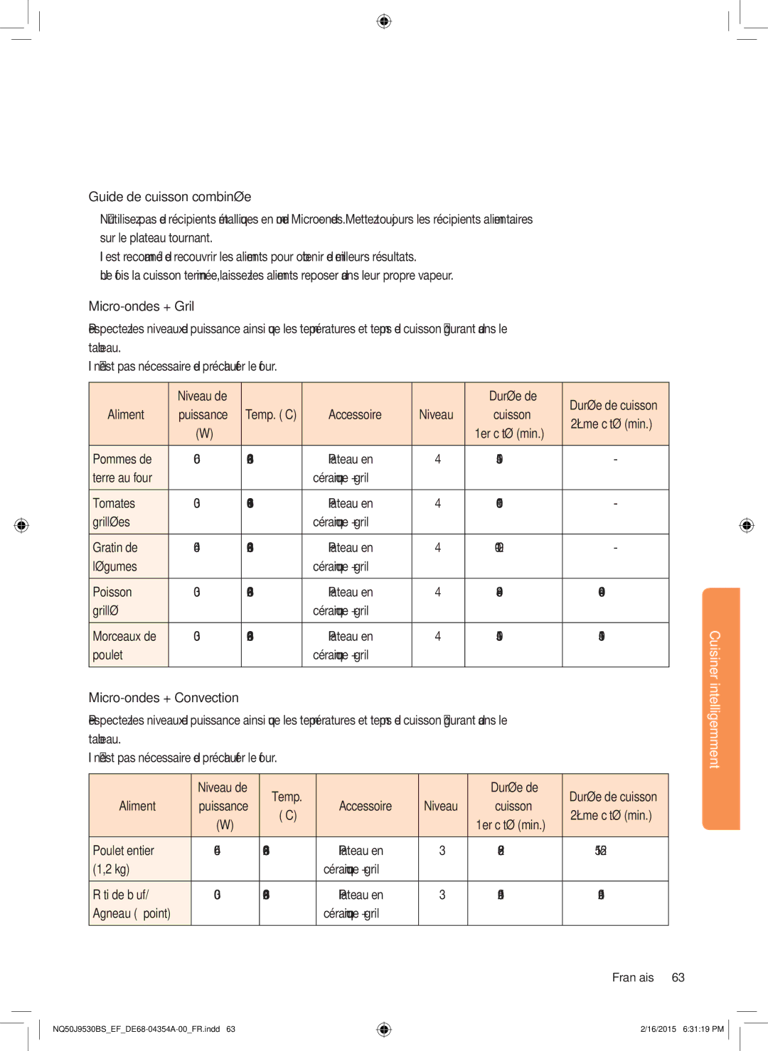 Samsung NQ50J9530BS/EF manual Guide de cuisson combinée 