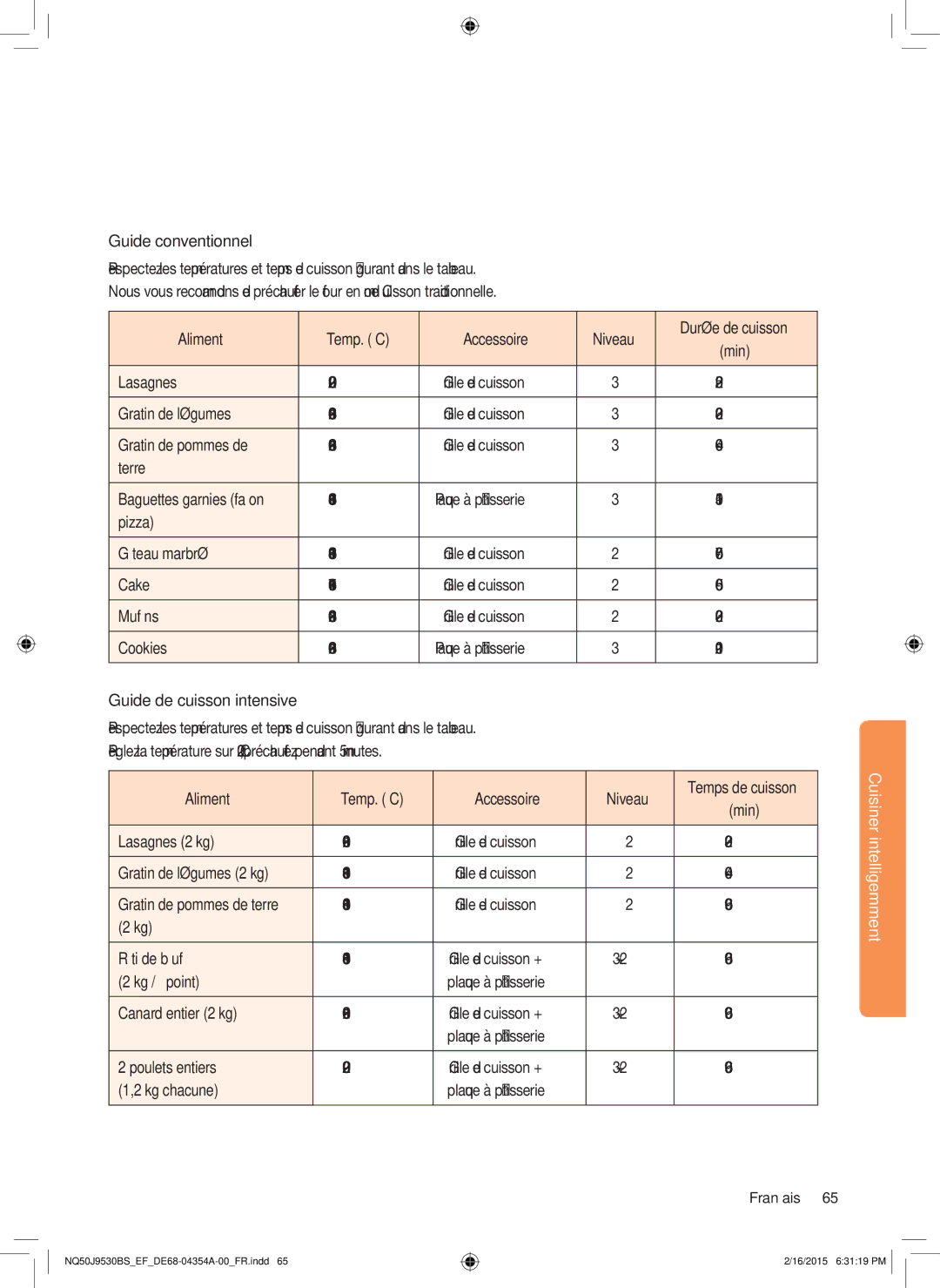 Samsung NQ50J9530BS/EF manual Guide conventionnel, Guide de cuisson intensive 