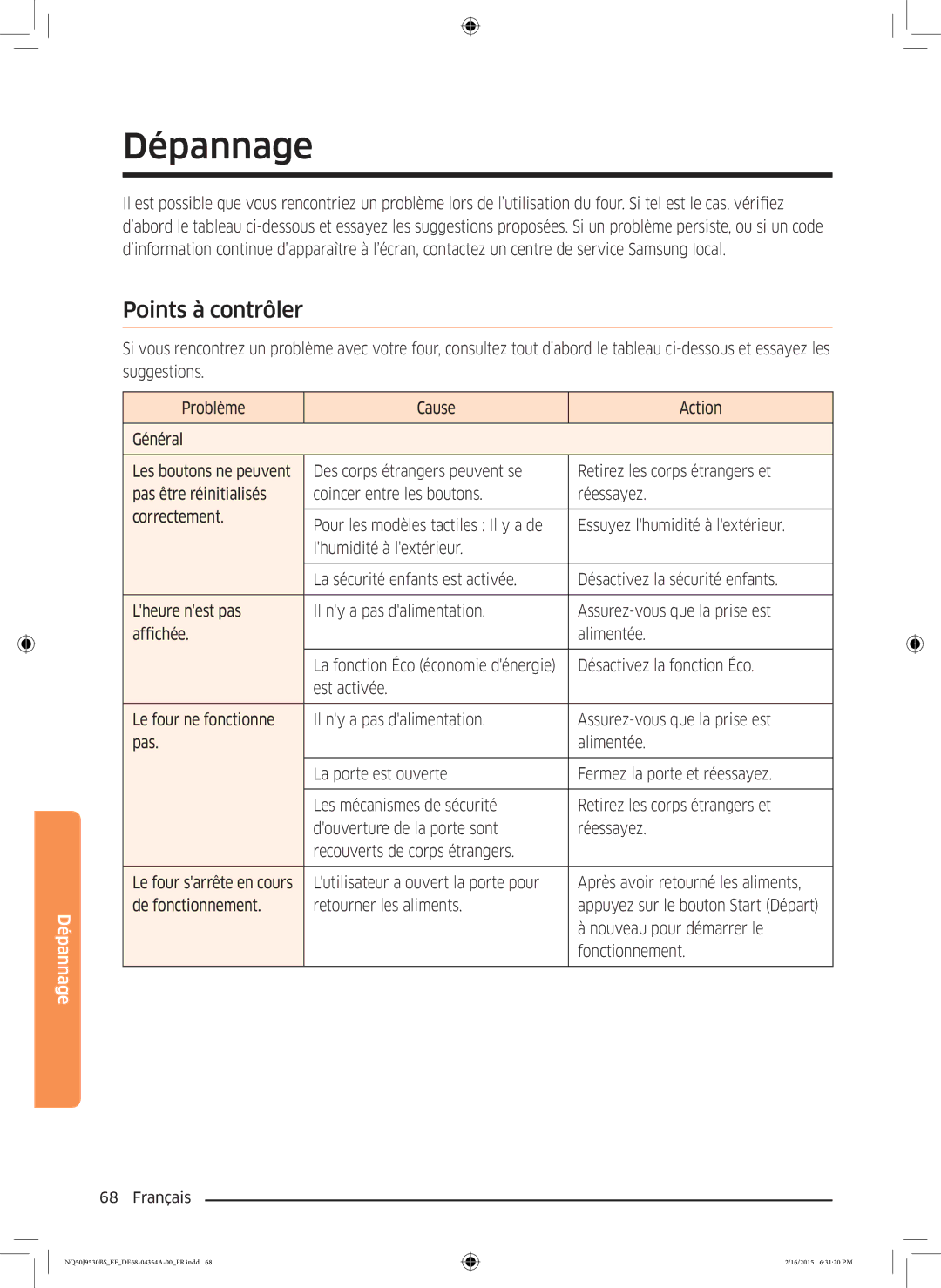Samsung NQ50J9530BS/EF Dépannage, Points à contrôler, Désactivez la fonction Éco, Nouveau pour démarrer le, Fonctionnement 