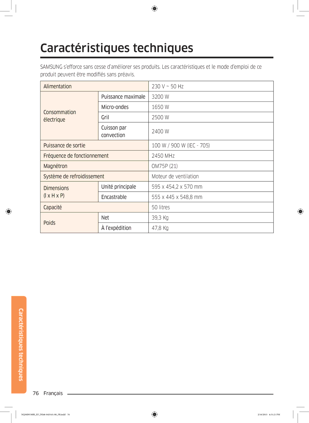 Samsung NQ50J9530BS/EF manual Caractéristiques techniques, 3200 W 