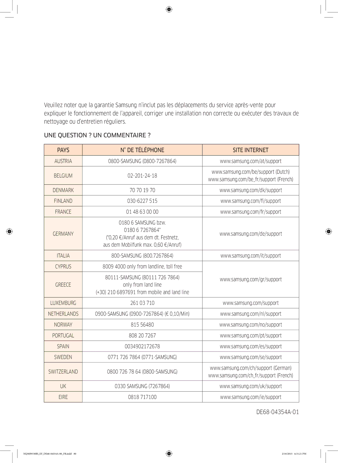 Samsung NQ50J9530BS/EF manual DE68-04354A-01, Eire 