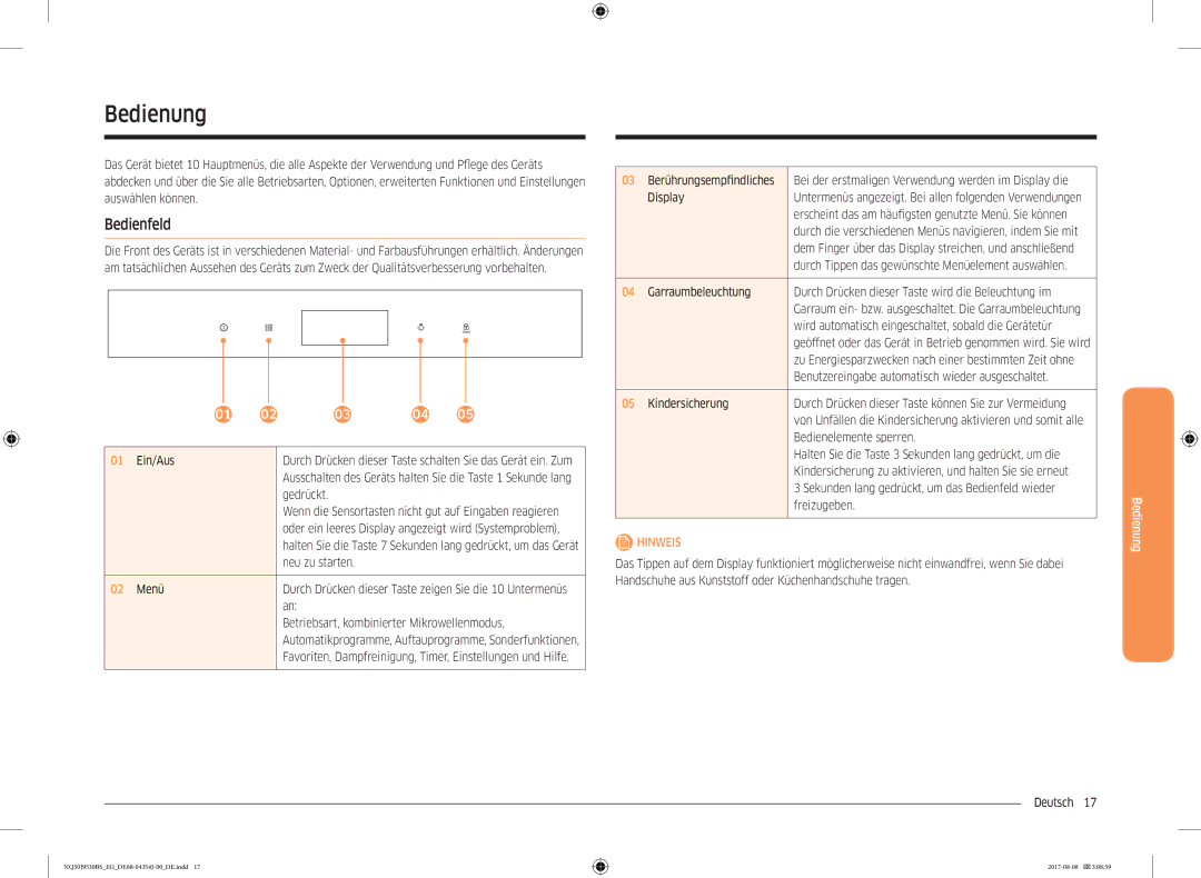 Samsung NQ50J9530BS/EG manual Bedienung, Bedienfeld 