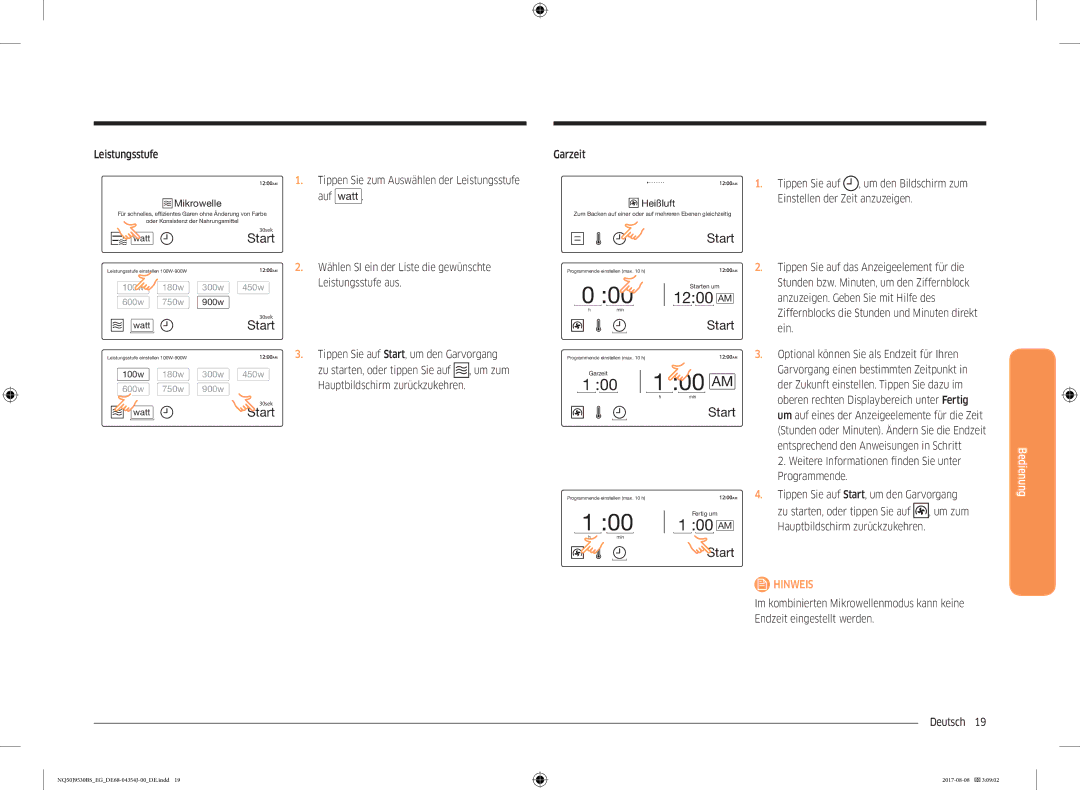 Samsung NQ50J9530BS/EG manual Leistungsstufe, Garzeit 1200AM 1. Tippen Sie auf , um den Bildschirm zum 