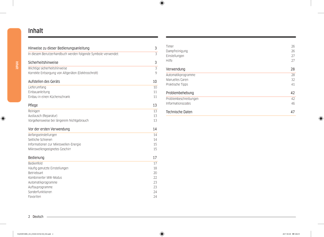 Samsung NQ50J9530BS/EG manual Inhalt, Diesem Benutzerhandbuch werden folgende Symbole verwendet 