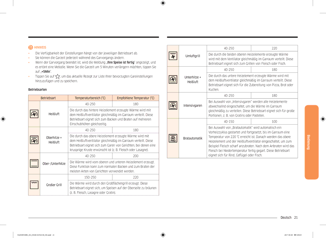 Samsung NQ50J9530BS/EG manual Die durch das hintere Heizelement erzeugte Wärme wird mit, Einschubhöhen gleichzeitig 