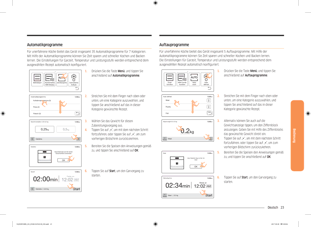 Samsung NQ50J9530BS/EG manual Automatikprogramme, Auftauprogramme 