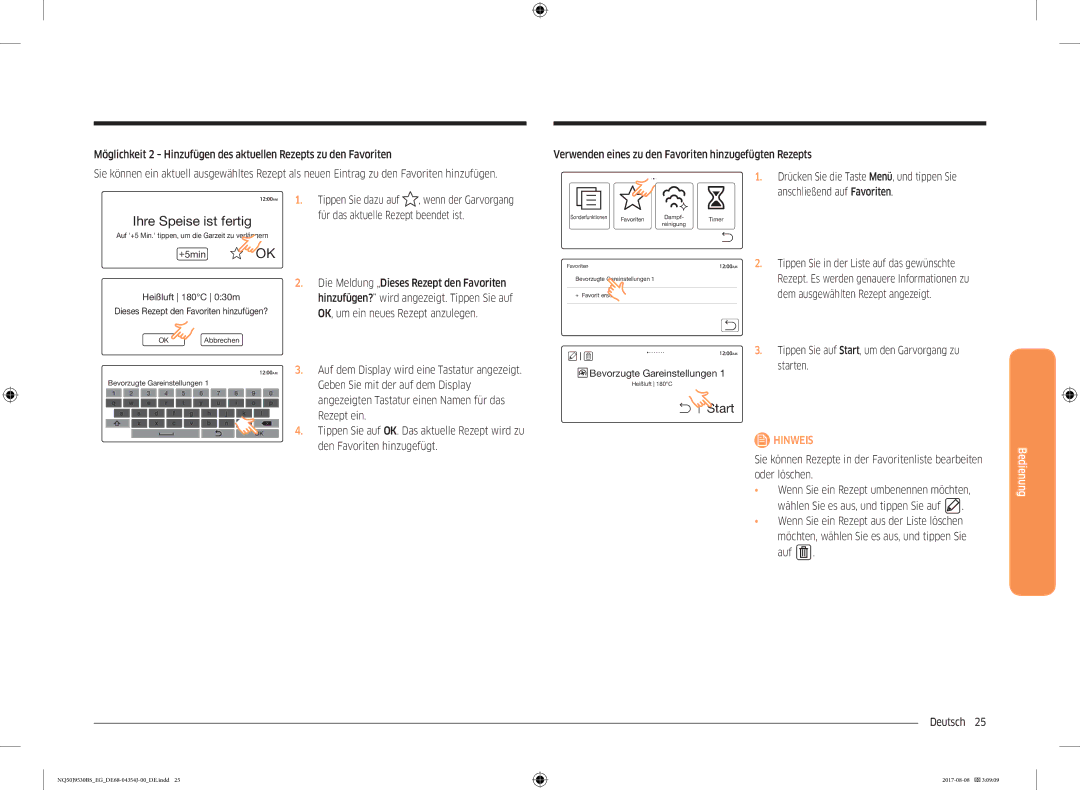 Samsung NQ50J9530BS/EG manual Ihre Speise ist fertig, Dem ausgewählten Rezept angezeigt, Geben Sie mit der auf dem Display 