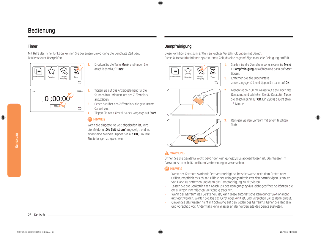 Samsung NQ50J9530BS/EG manual Timer, Dampfreinigung, Tippen Sie nach Abschluss des Vorgangs auf Start 