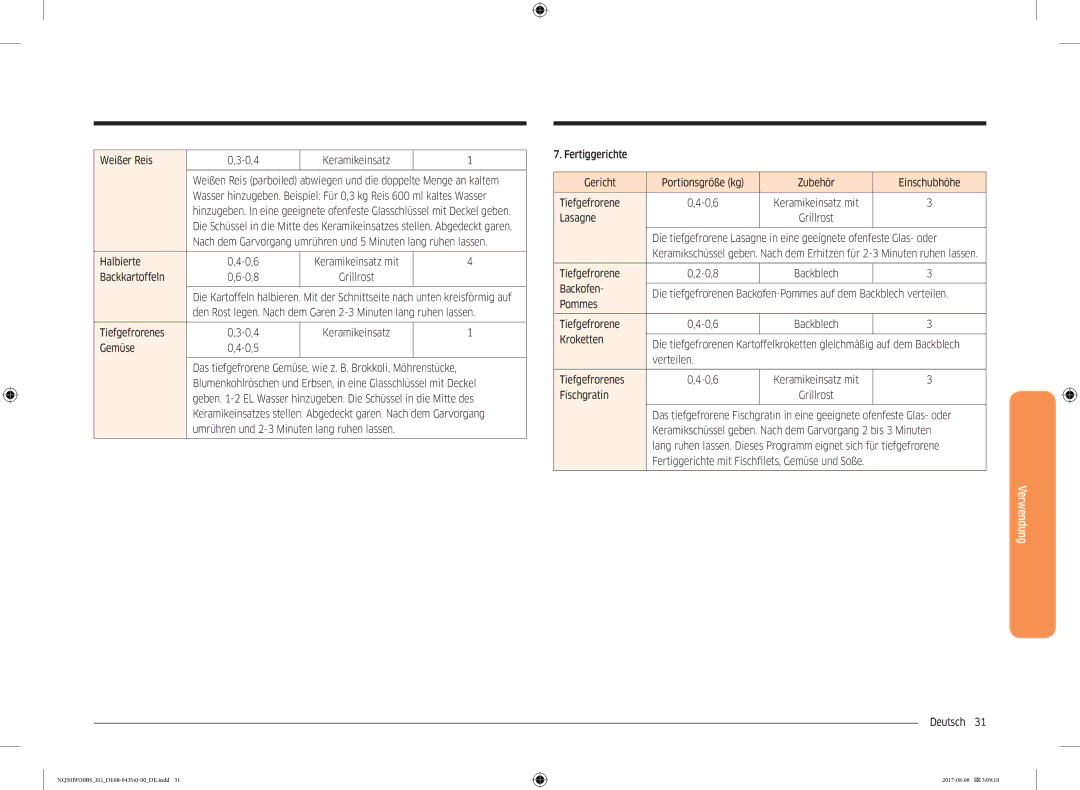 Samsung NQ50J9530BS/EG manual Weißer Reis 0,4 Keramikeinsatz, Halbierte 0,6 Keramikeinsatz mit Backkartoffeln 0,8, Lasagne 