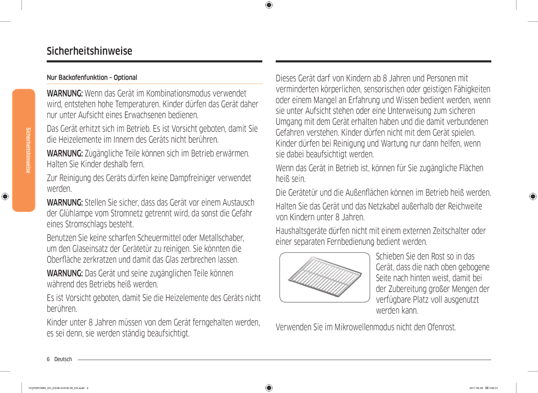 Samsung NQ50J9530BS/EG manual Verwenden Sie im Mikrowellenmodus nicht den Ofenrost, Nur Backofenfunktion Optional 