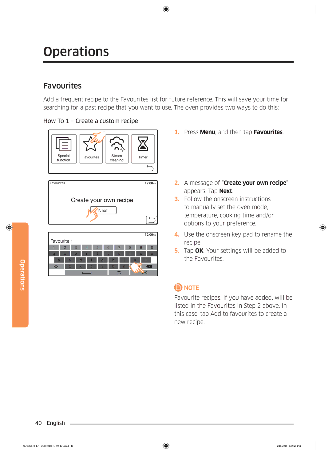 Samsung NQ50J9530BS/EO manual Favourites, Message of Create your own recipe appears. Tap Next 