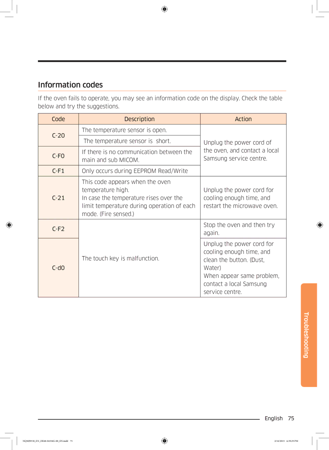 Samsung NQ50J9530BS/EO manual Information codes 