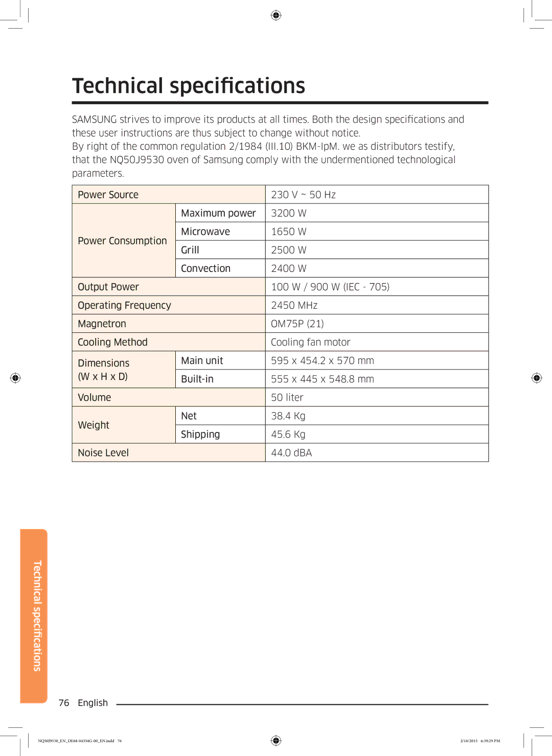 Samsung NQ50J9530BS/EO manual Technical specifications 