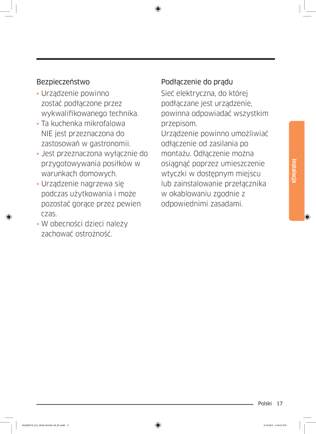 Samsung NQ50J9530BS/EO manual Instalacja 