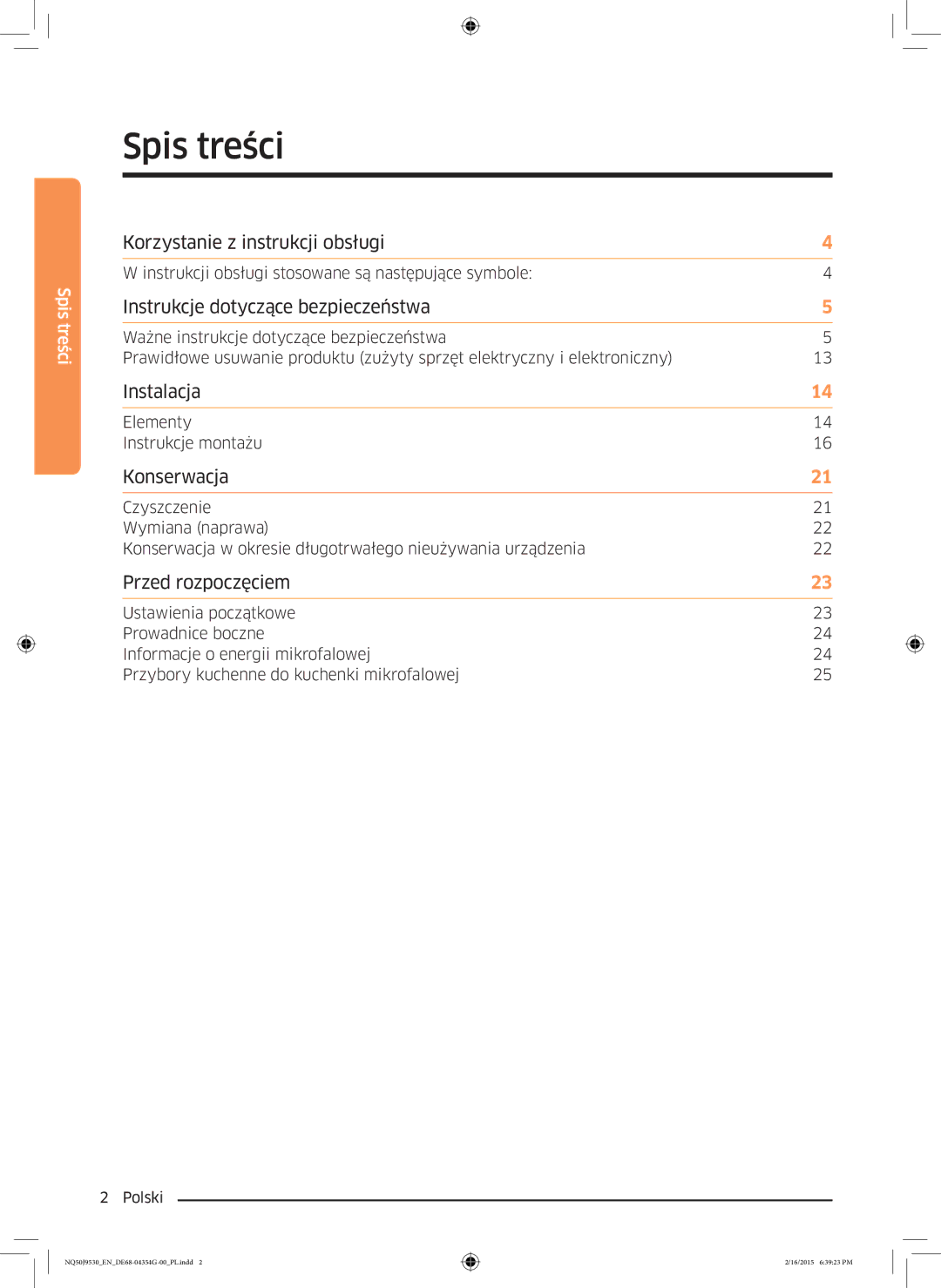 Samsung NQ50J9530BS/EO manual Spis treści, Instrukcje dotyczące bezpieczeństwa 