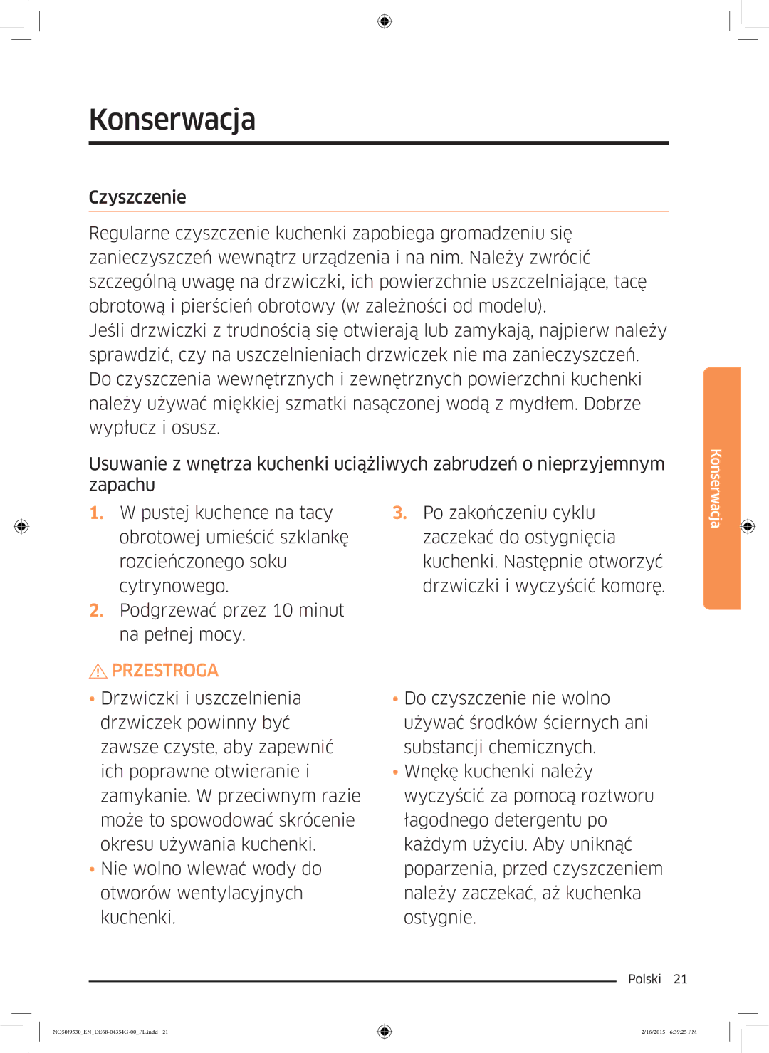 Samsung NQ50J9530BS/EO manual Konserwacja, Przestroga 