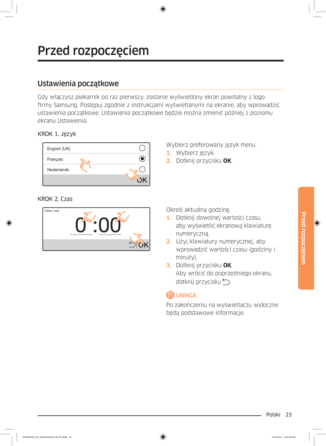 Samsung NQ50J9530BS/EO manual Przed rozpoczęciem, Ustawienia początkowe 