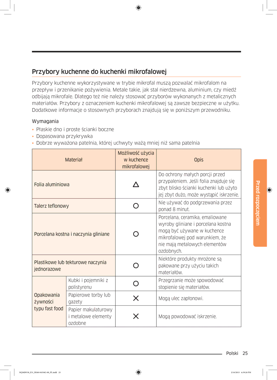 Samsung NQ50J9530BS/EO manual Przybory kuchenne do kuchenki mikrofalowej 