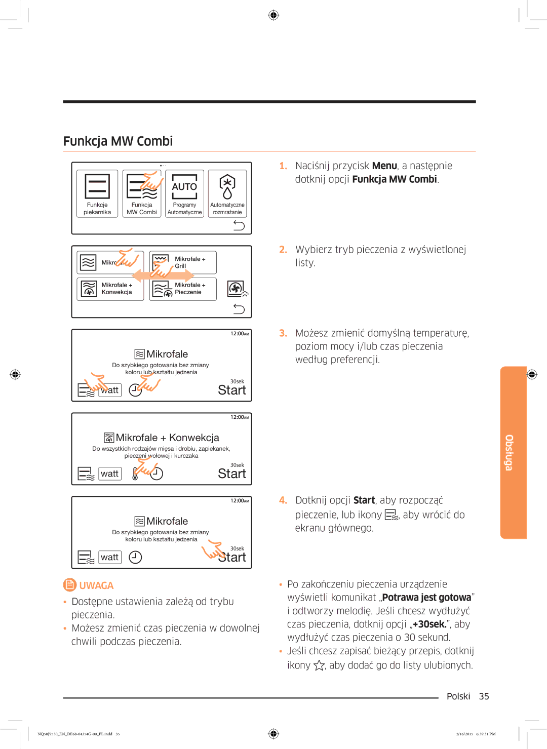 Samsung NQ50J9530BS/EO manual Dotknij opcji Funkcja MW Combi 