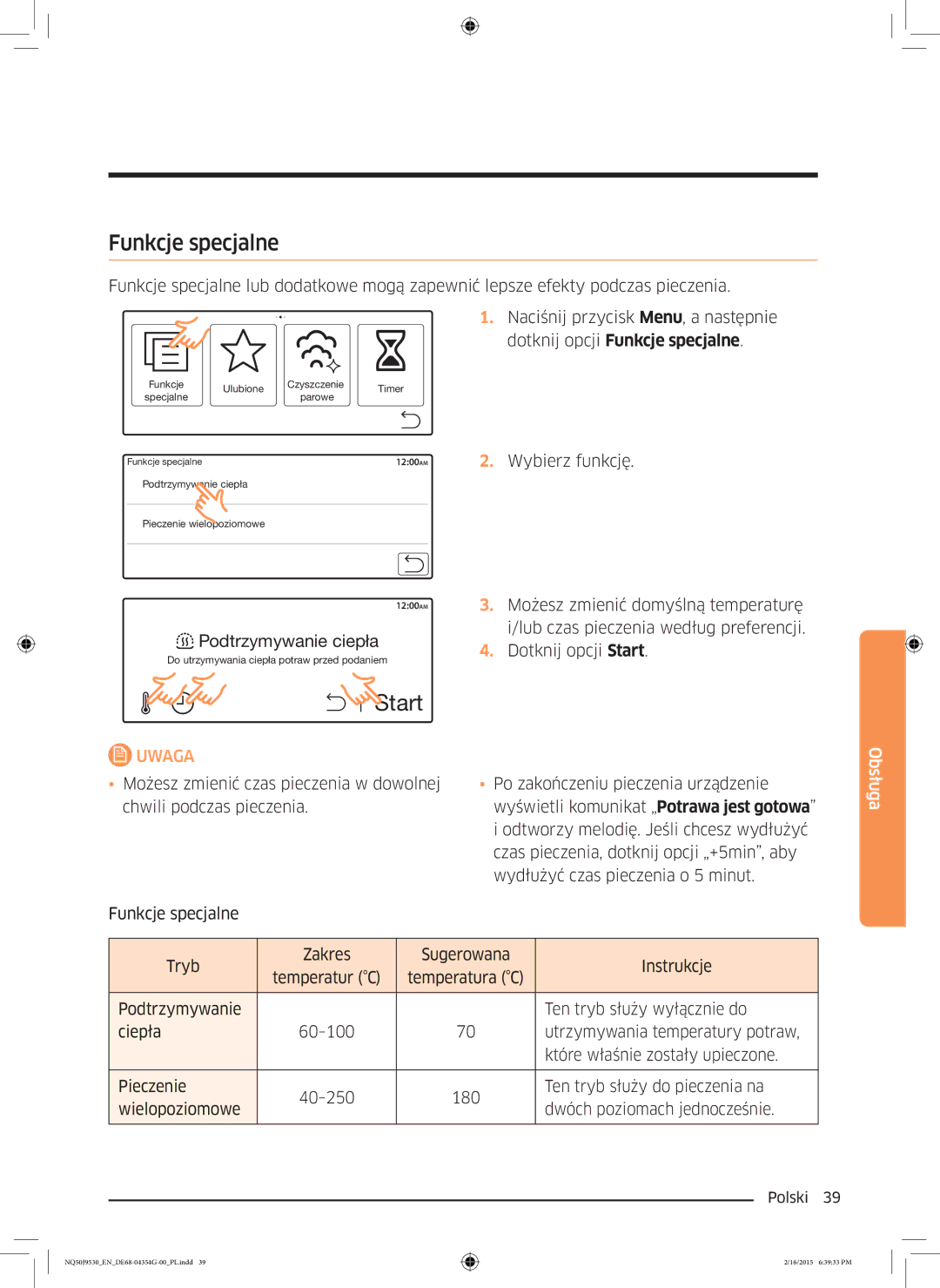 Samsung NQ50J9530BS/EO manual Dotknij opcji Funkcje specjalne 